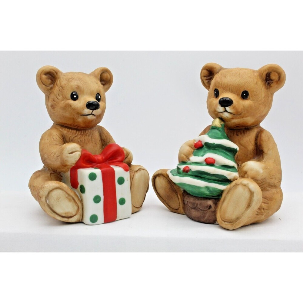 Teddy Bear Porcelain Figurines Christmas Gift Tree Homco #5505 Set of 2 Vintage